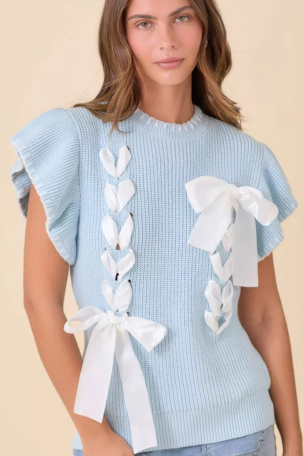 Weaved Ribbon Bow Detail Sweater Knit Top