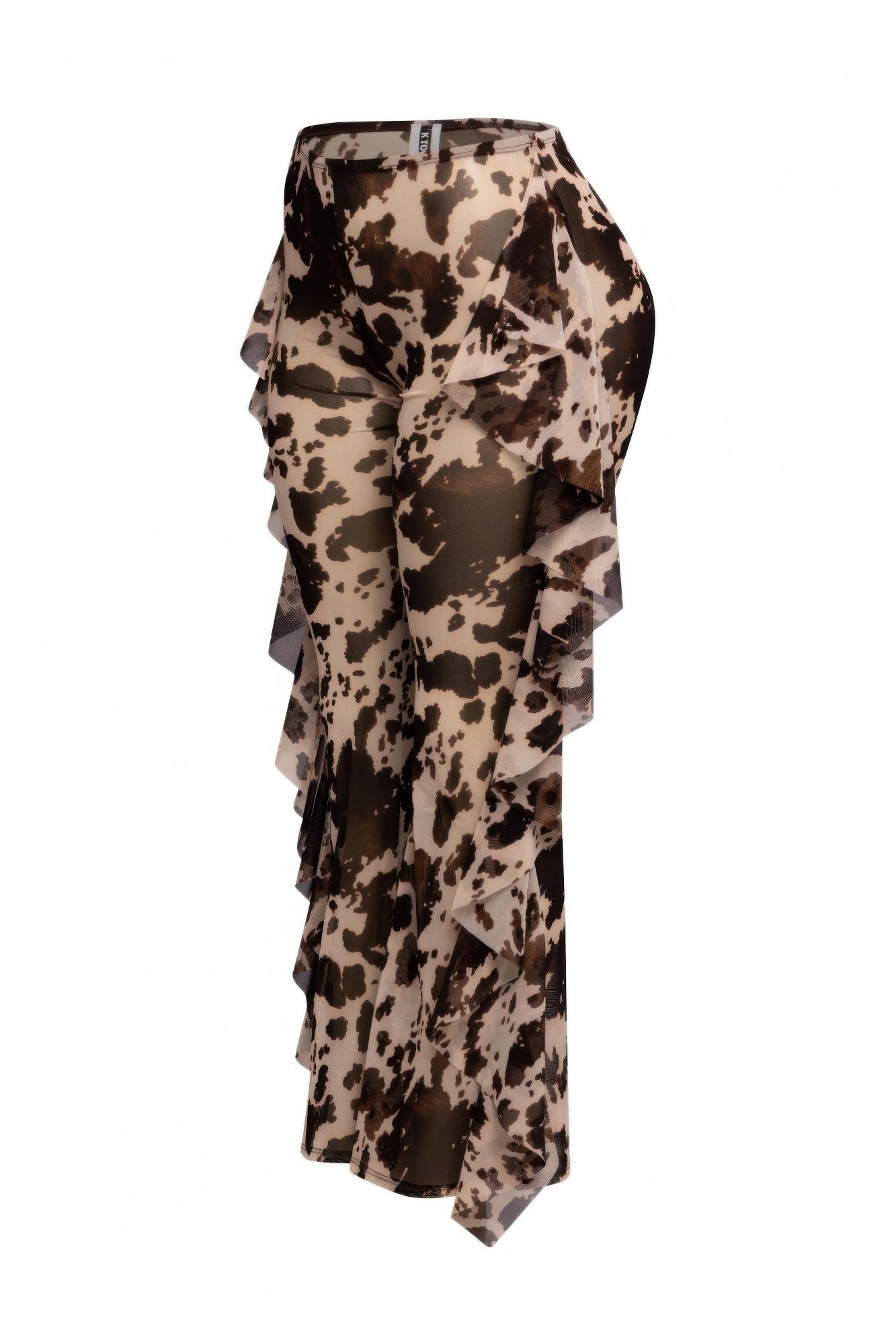 Side Ruffle Detailed Printed Mesh Pants