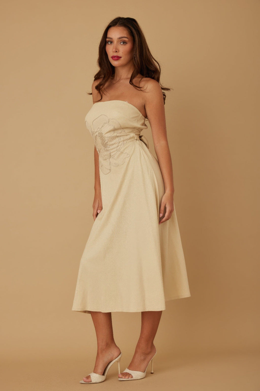 Flower Lining Linen Pattern Strapless Dress