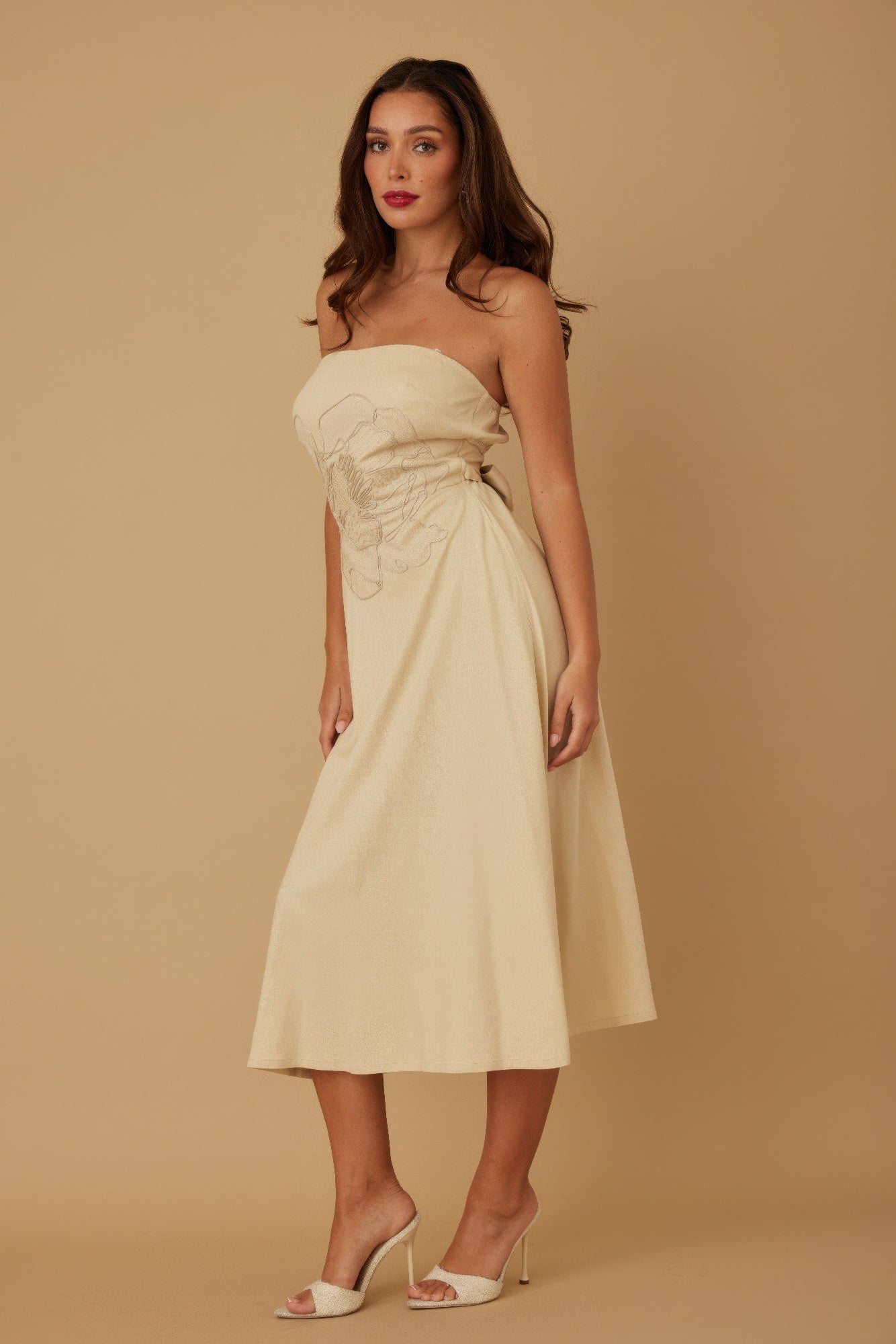 Flower Lining Linen Pattern Strapless Dress