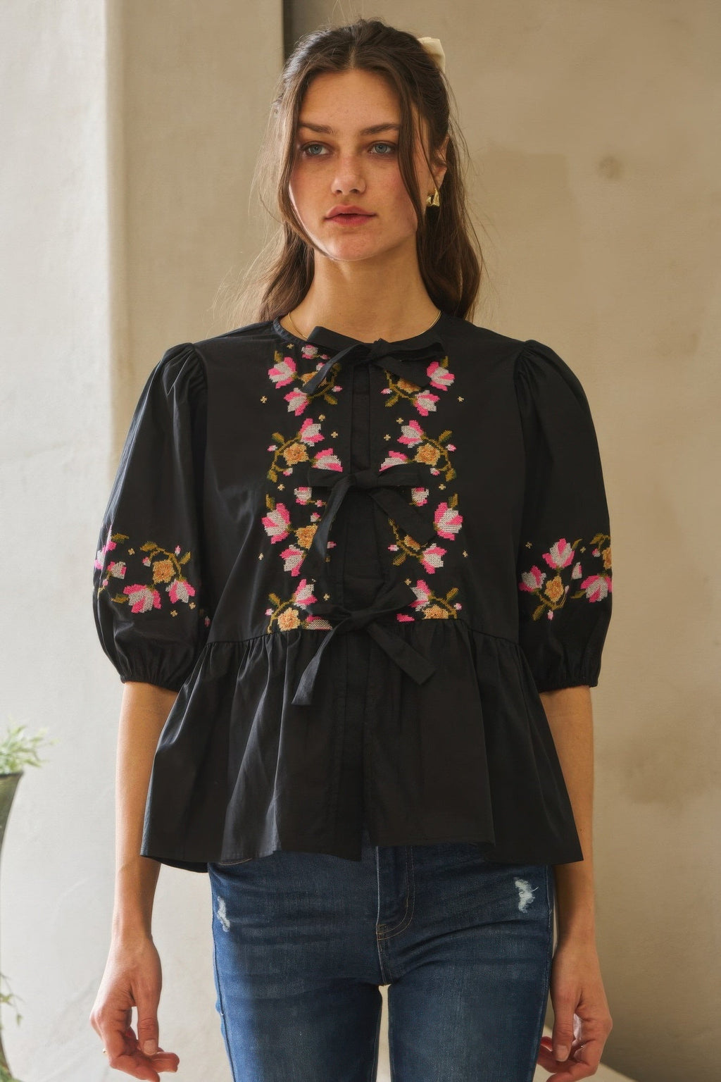 Poplin Front Ribbon Tie Blouse
