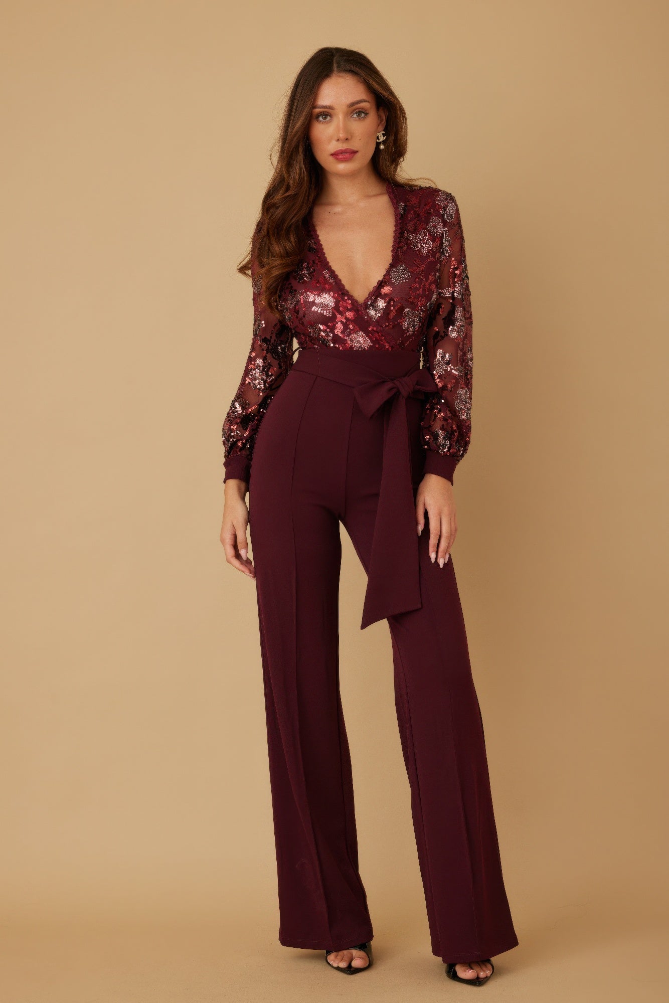 Flower Vein Sequin Print Jumpsuit