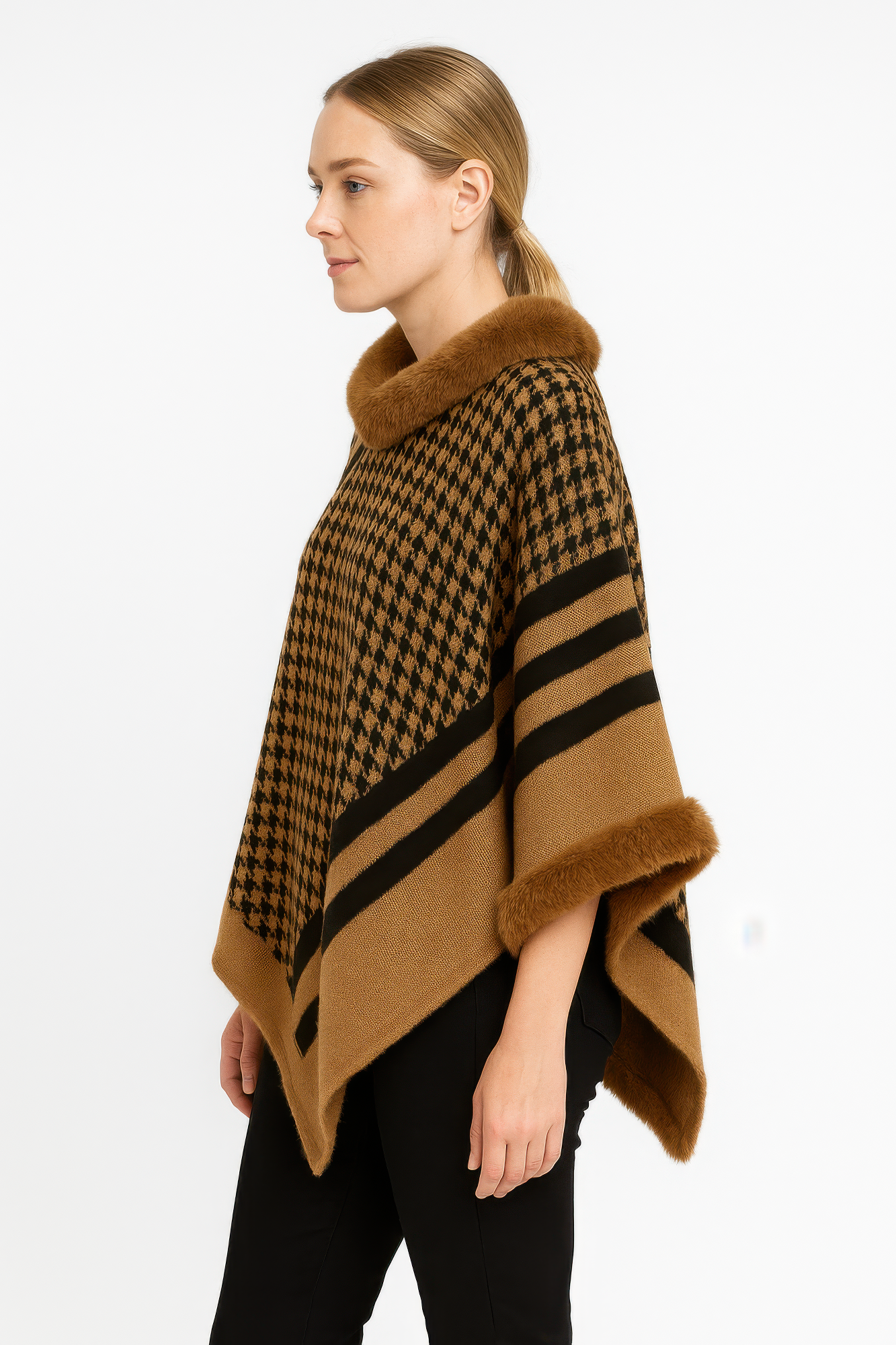 Patterned Knit Poncho With Faux Fur Trim