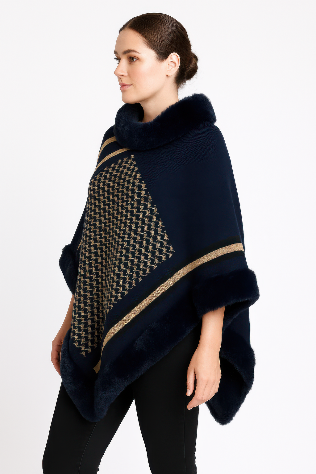 Patterned Knit Poncho With Faux Fur Trim