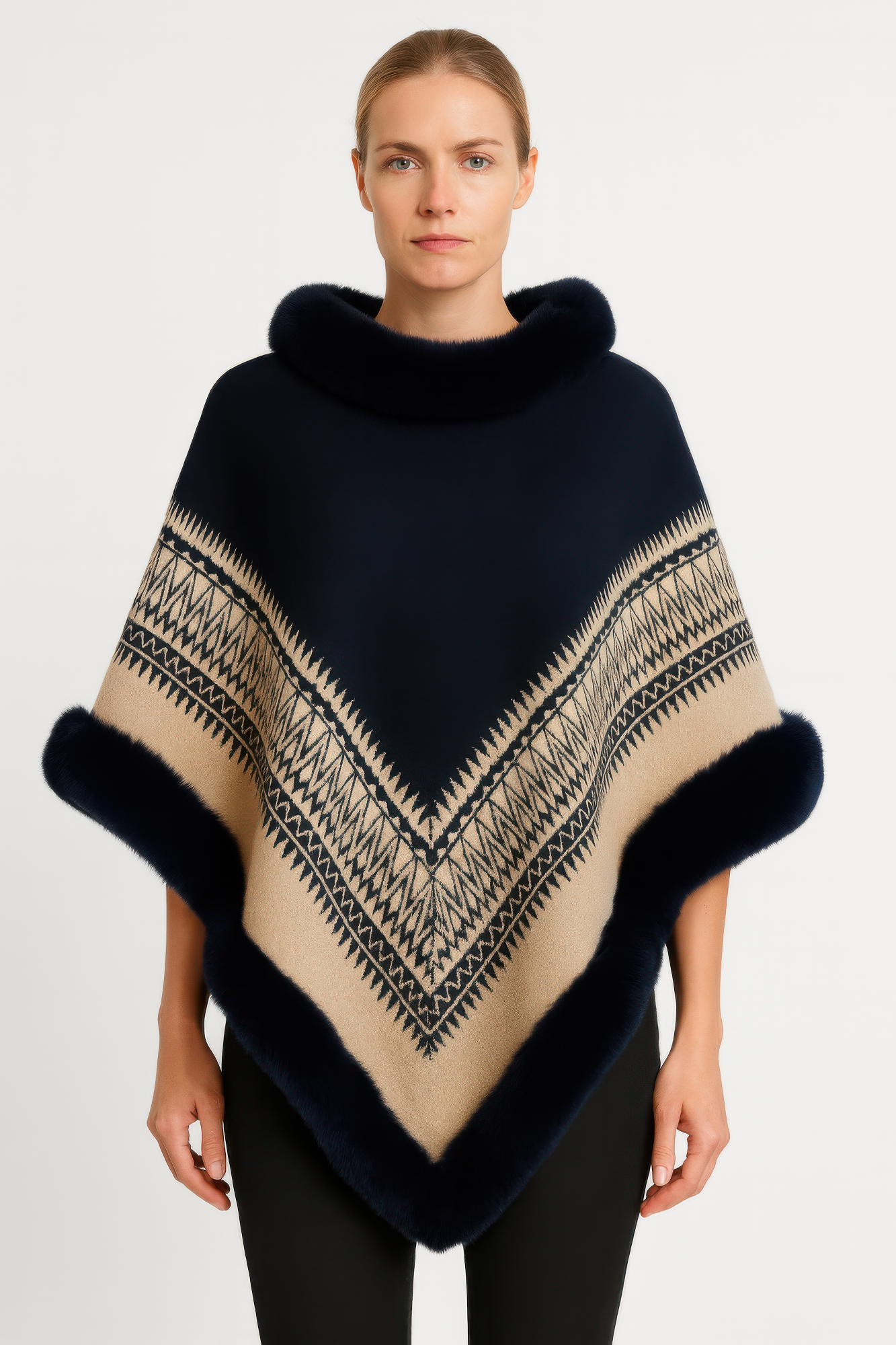 Chevron Trim Poncho With Faux Fur Collar