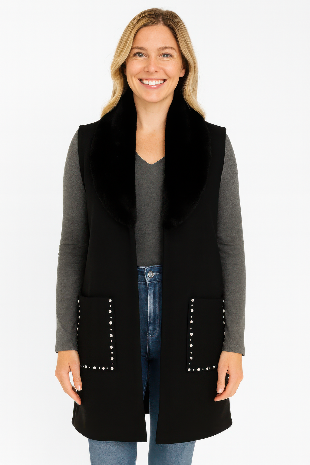 Sleeveless Wool-blend Vest With Faux Fur Collar