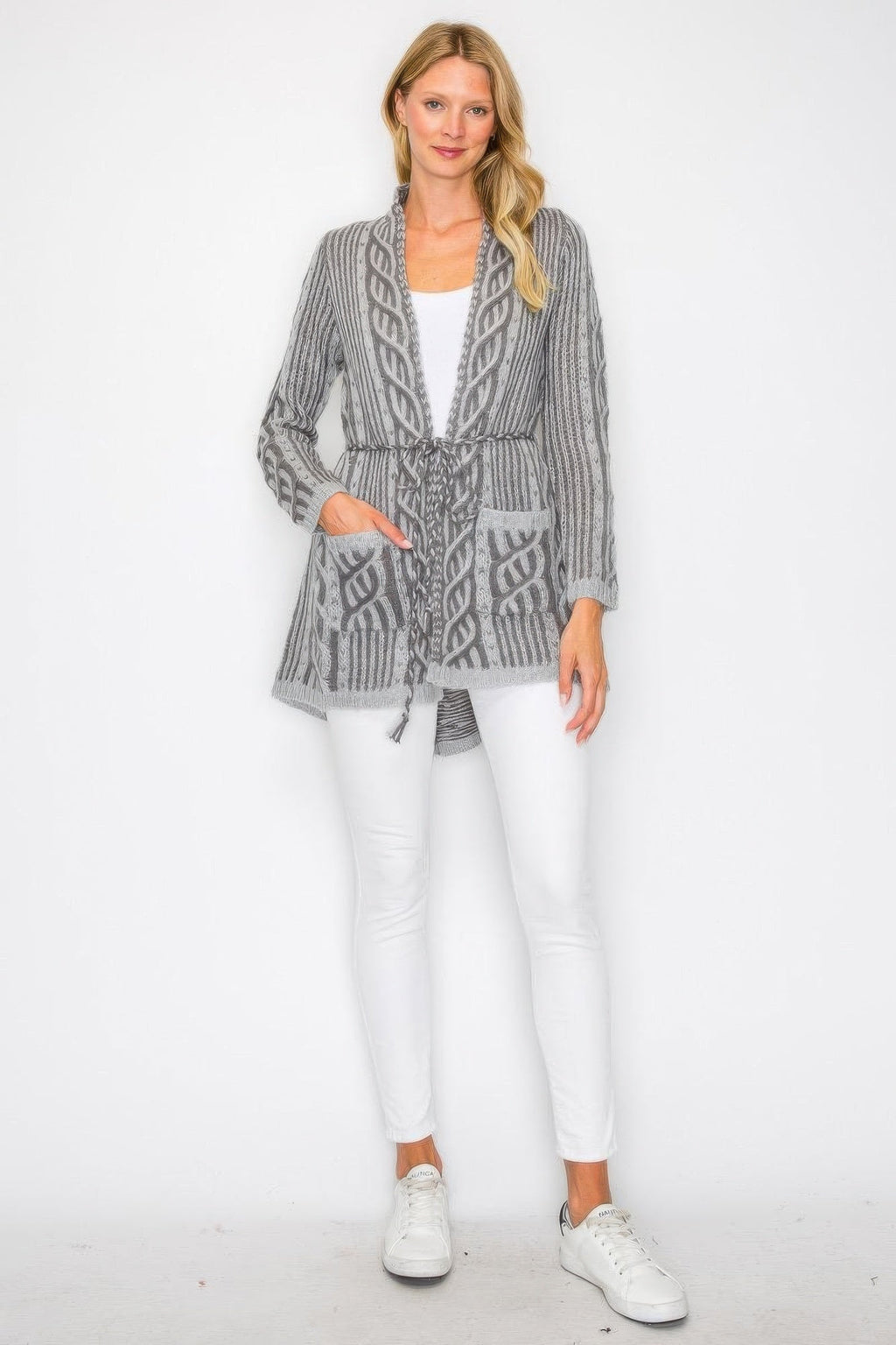 Open Wool Cardigan With Belt String & Front Pocket