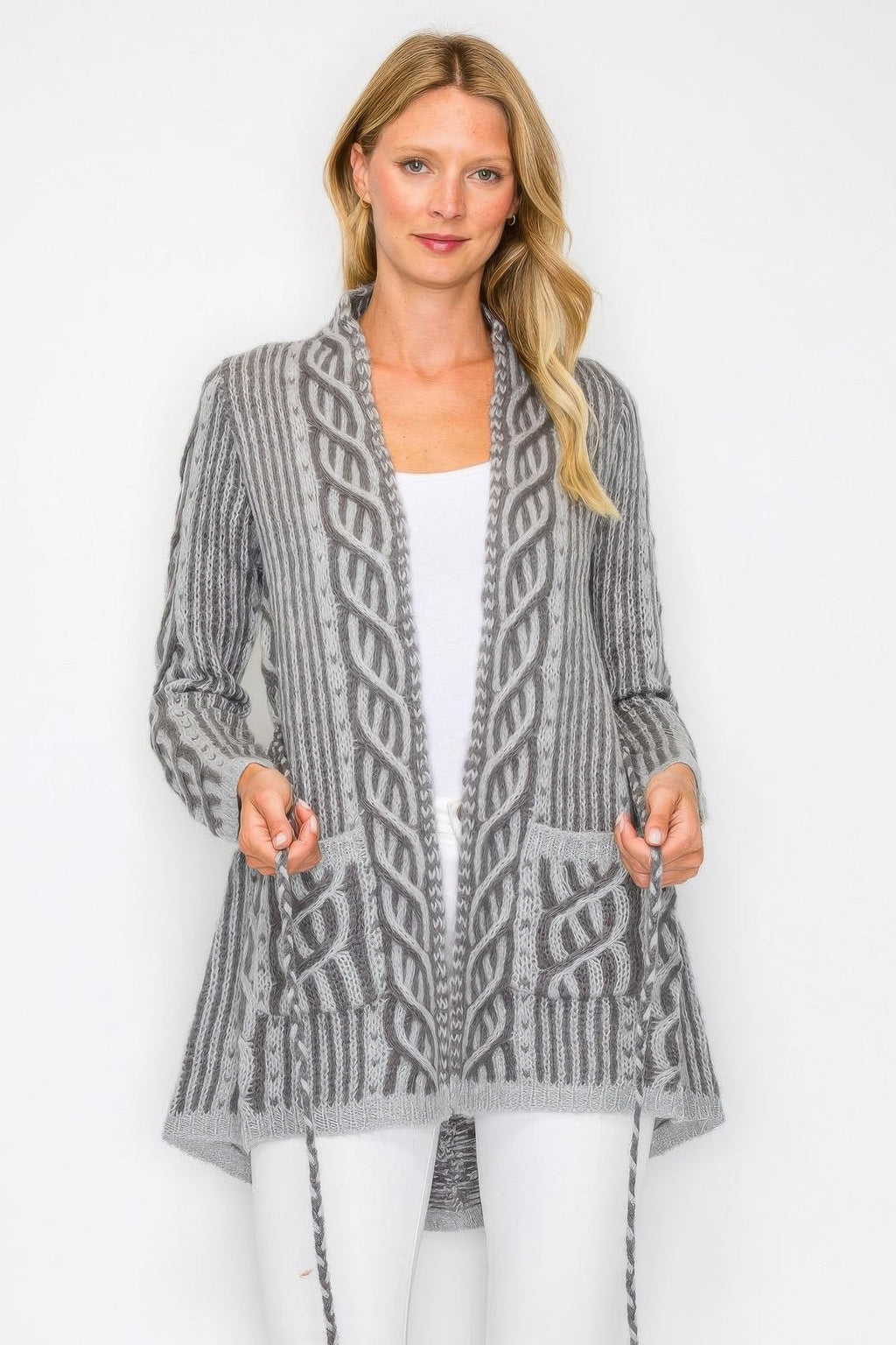 Open Wool Cardigan With Belt String & Front Pocket