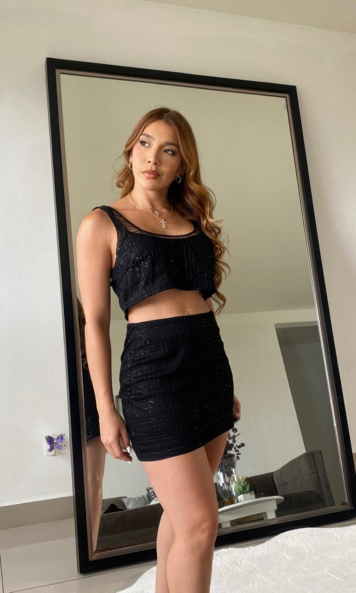 Black Sequin Detail Two Piece Set Crop And Skirt