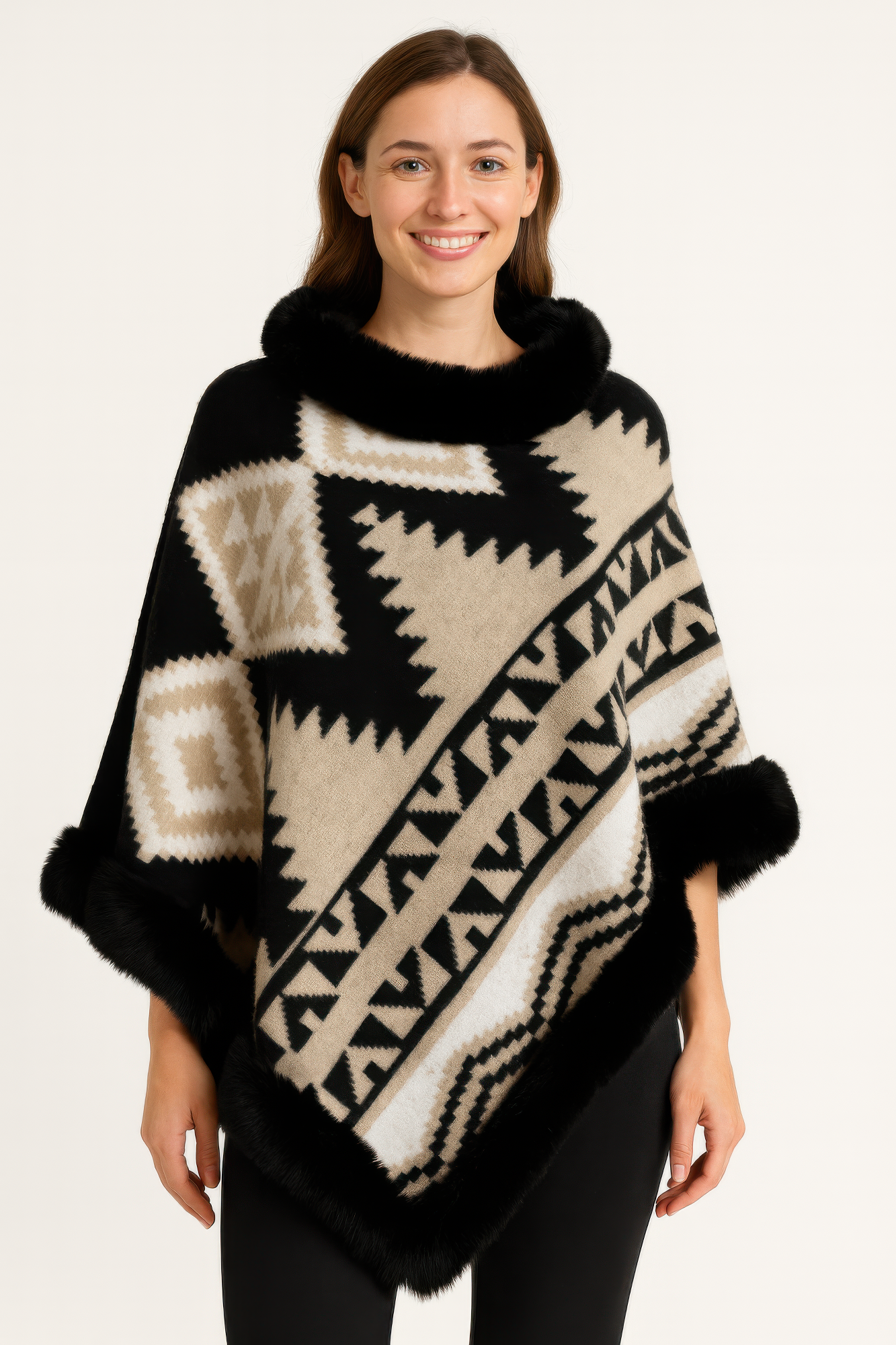 Tribal Luxe Faux Fur Trim Poncho