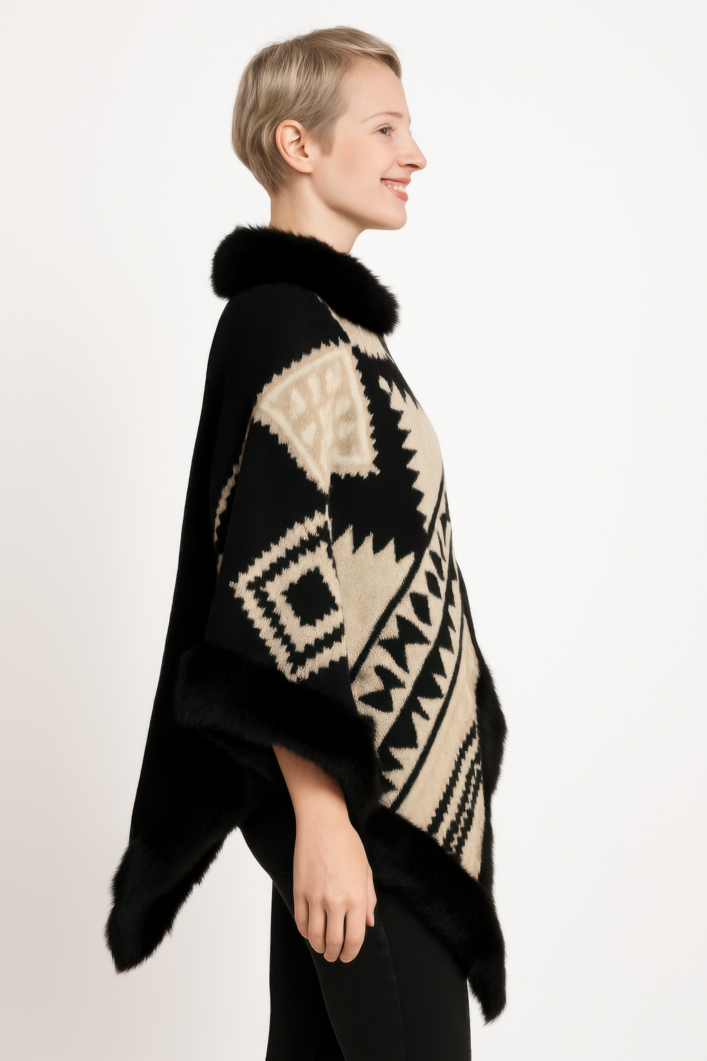 Tribal Luxe Faux Fur Trim Poncho