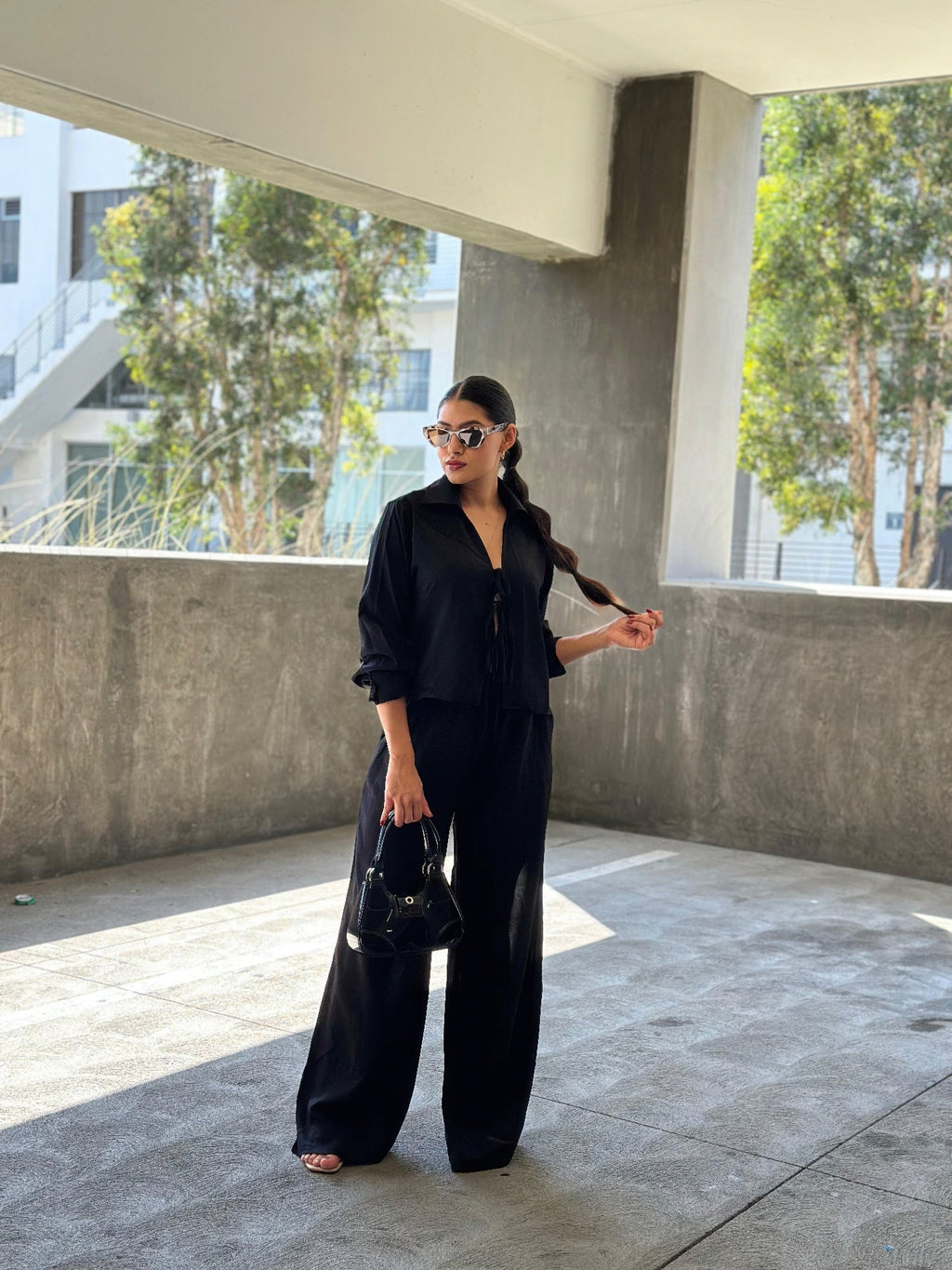 Casual Wide Leg Pants & Long Sleeve Front Tie Set