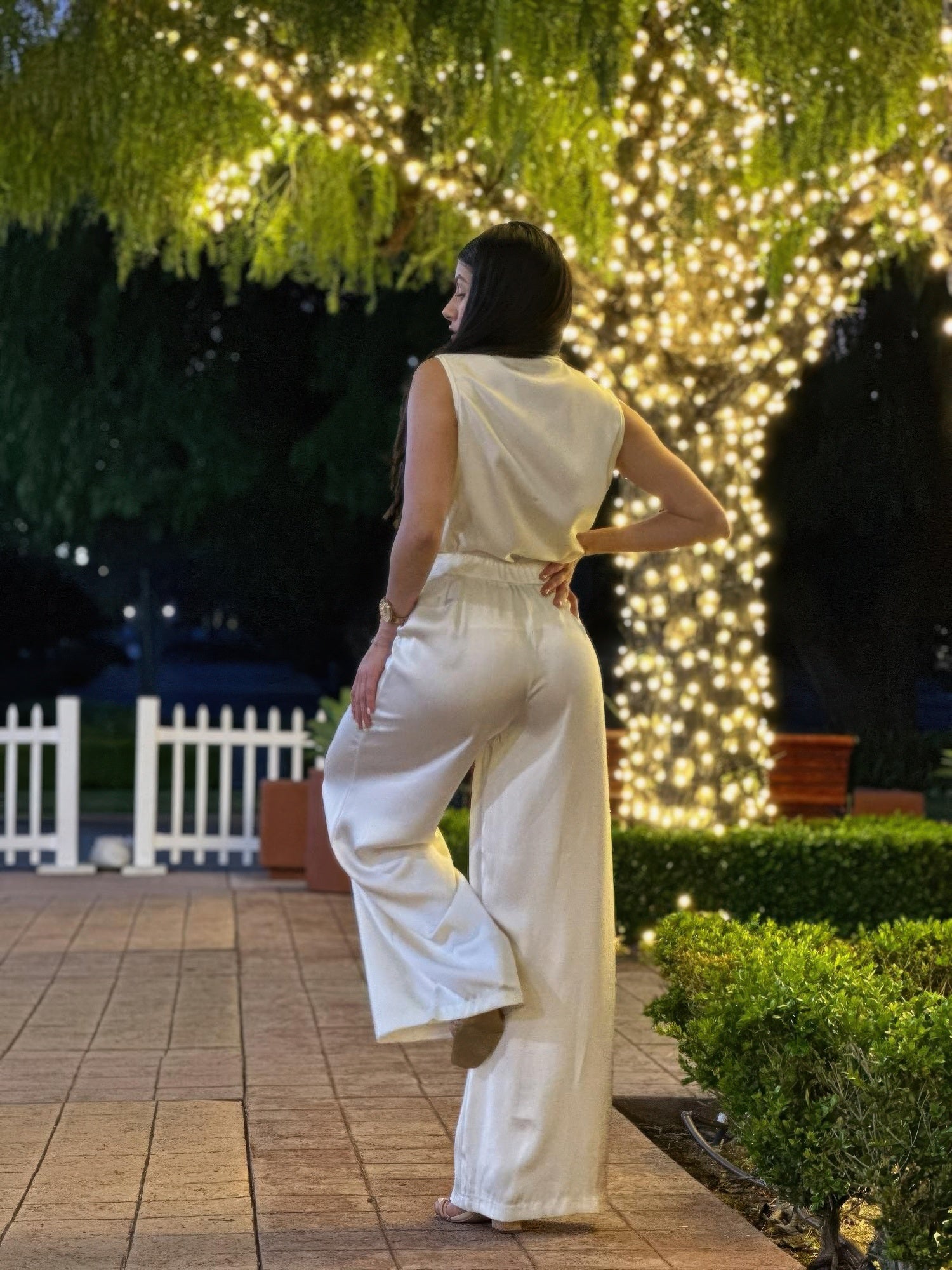 Satin Wide Leg Pants & Flower Sleeveless Top Set