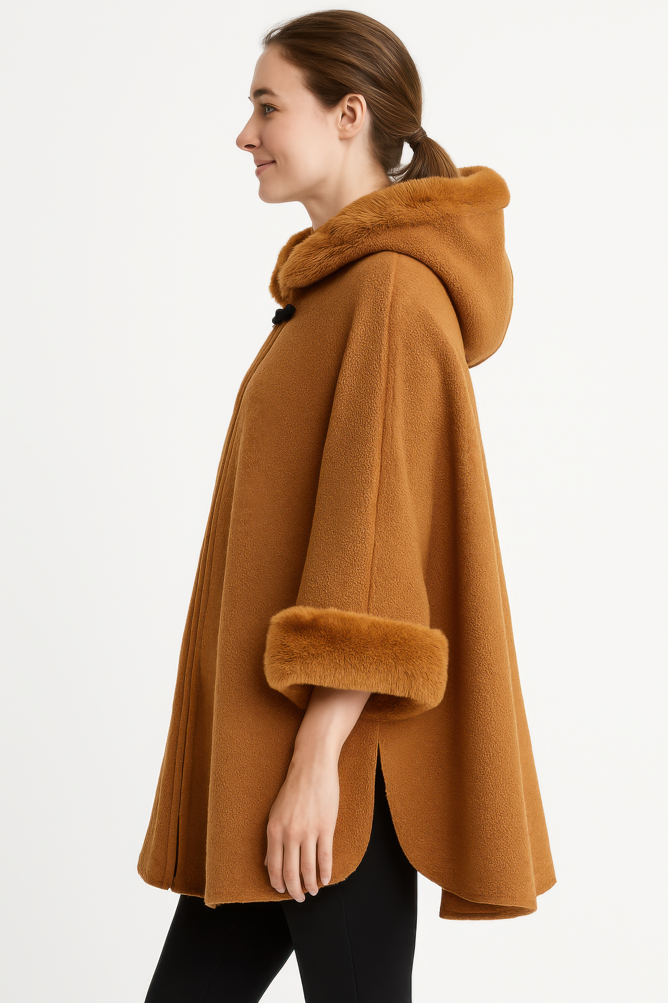 Hooded Faux Fur Trim Cape