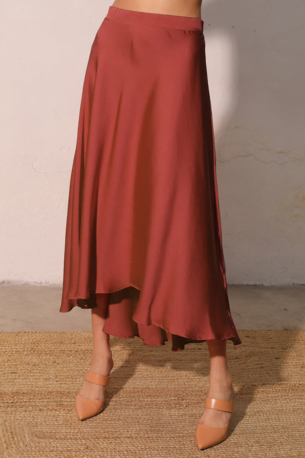 Washed Poly Silk Midi Swing Skirt