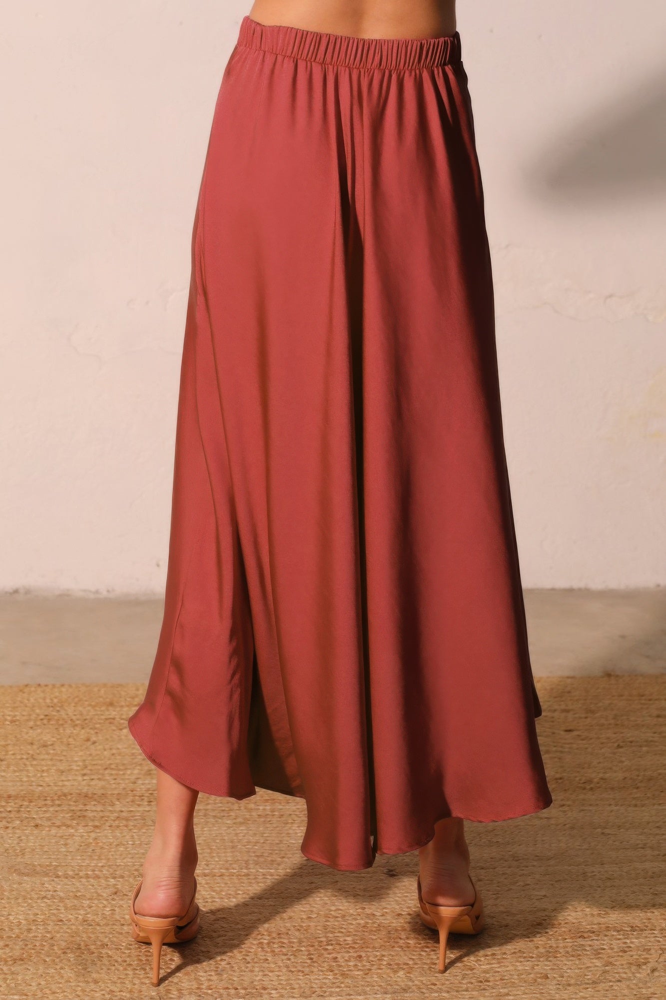 Washed Poly Silk Midi Swing Skirt