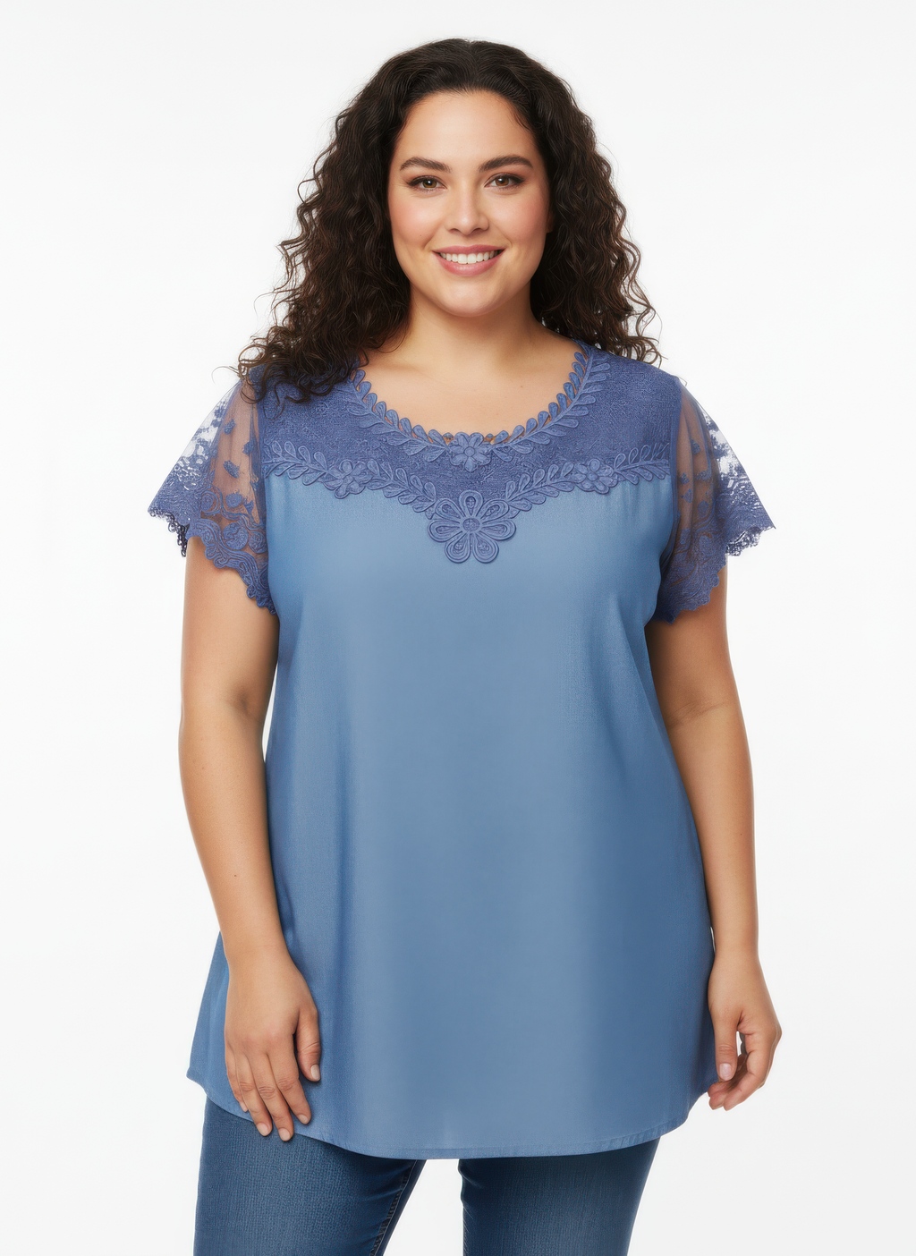 Lace Yoke Flutter Sleeve Knit Top