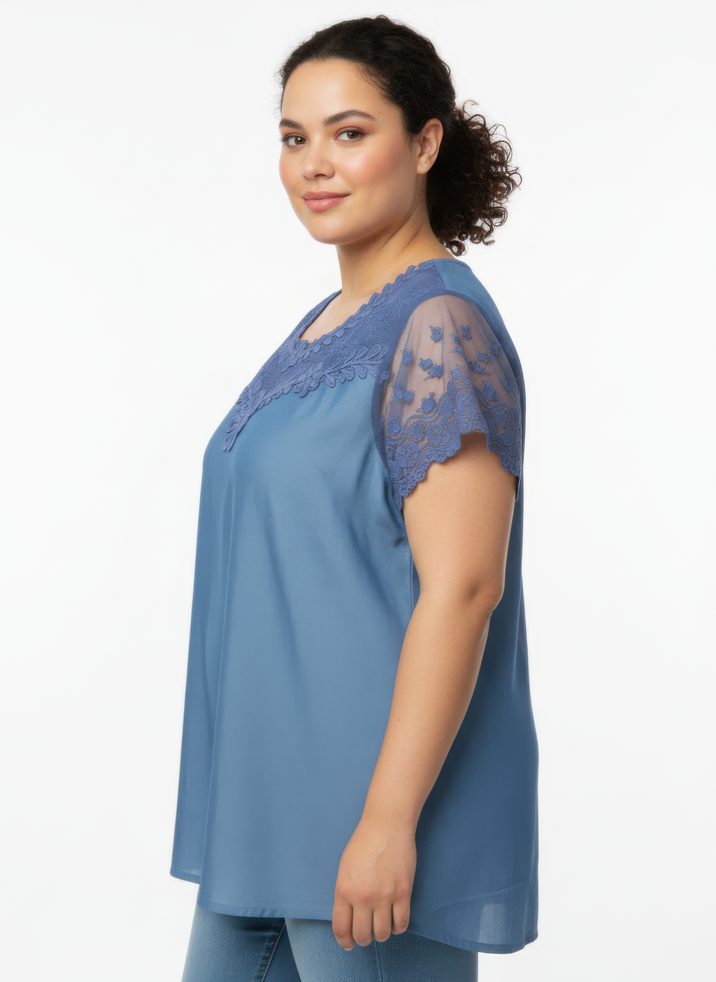 Lace Yoke Flutter Sleeve Knit Top