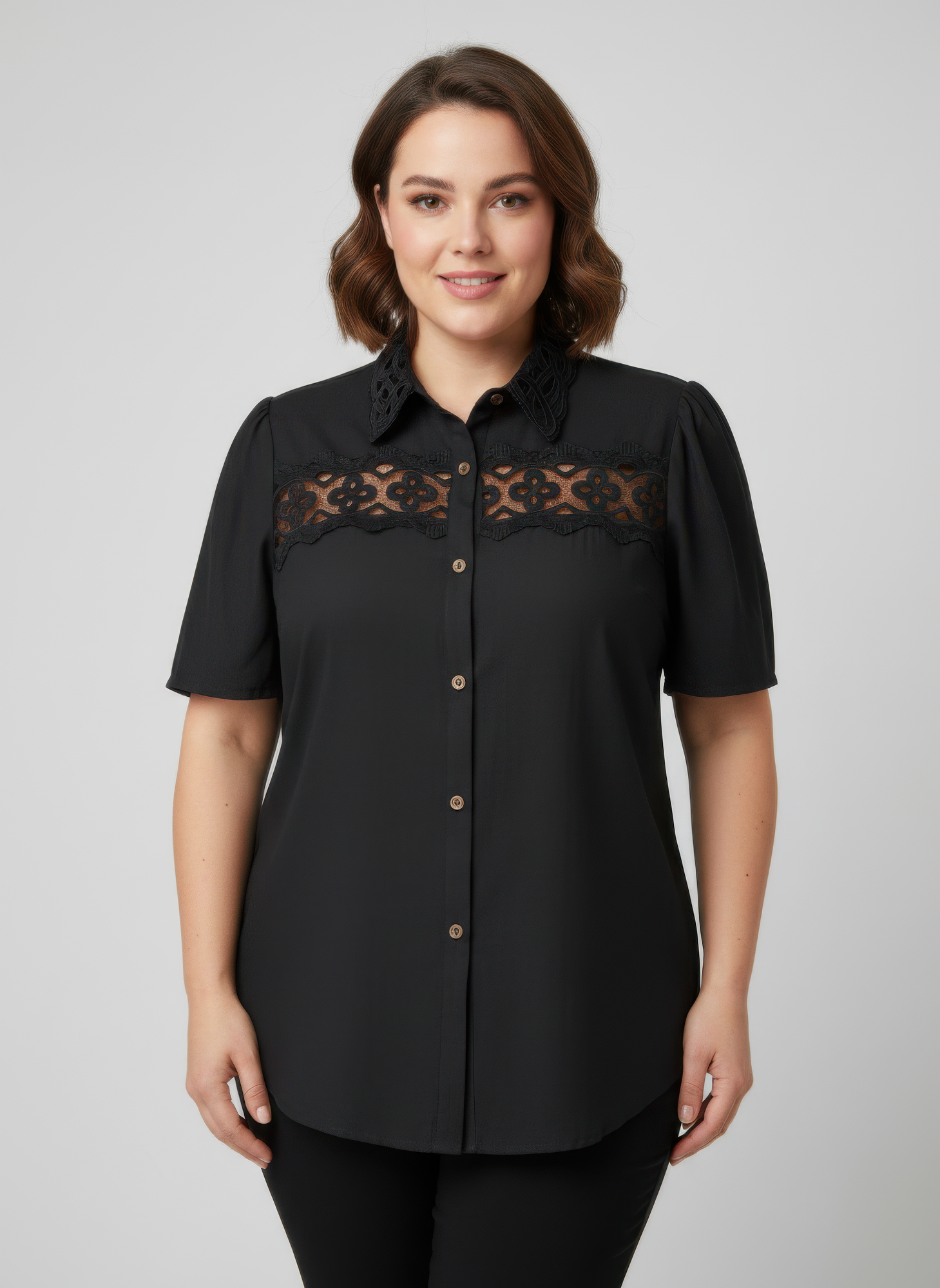 Lace Panel Button-front Collared Blouse