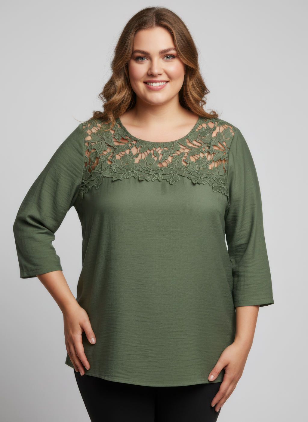 Lace Yoke Three-quarter Sleeve Knit Top
