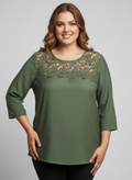 Lace Yoke Three-quarter Sleeve Knit Top