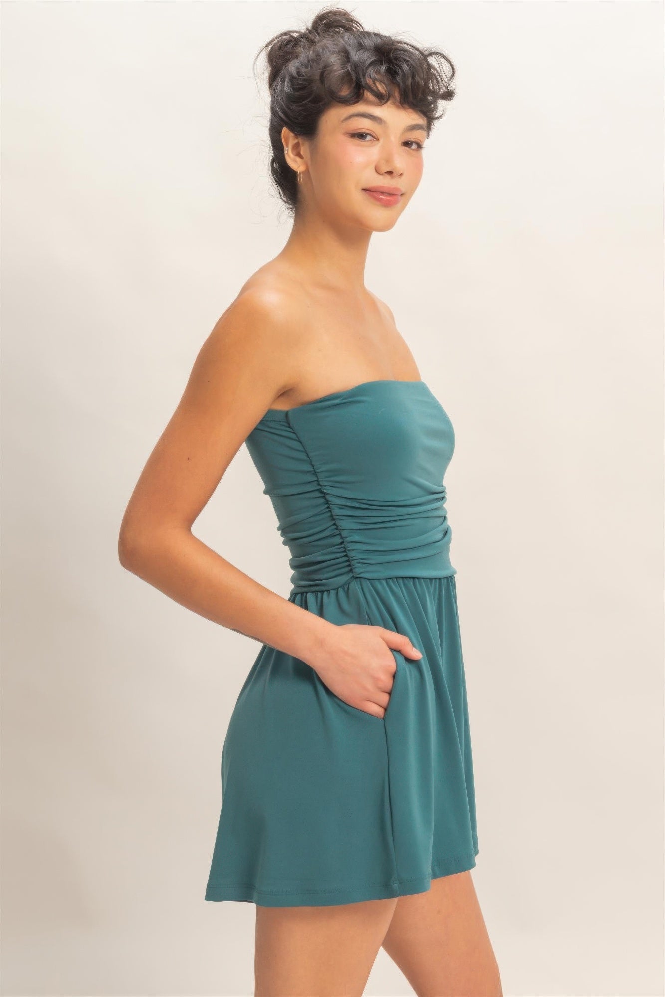 Strapless Shirred Waist Romper