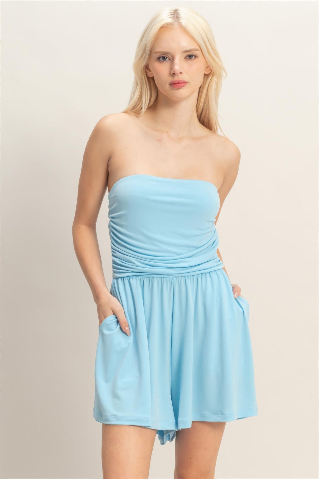 Strapless Shirred Waist Romper