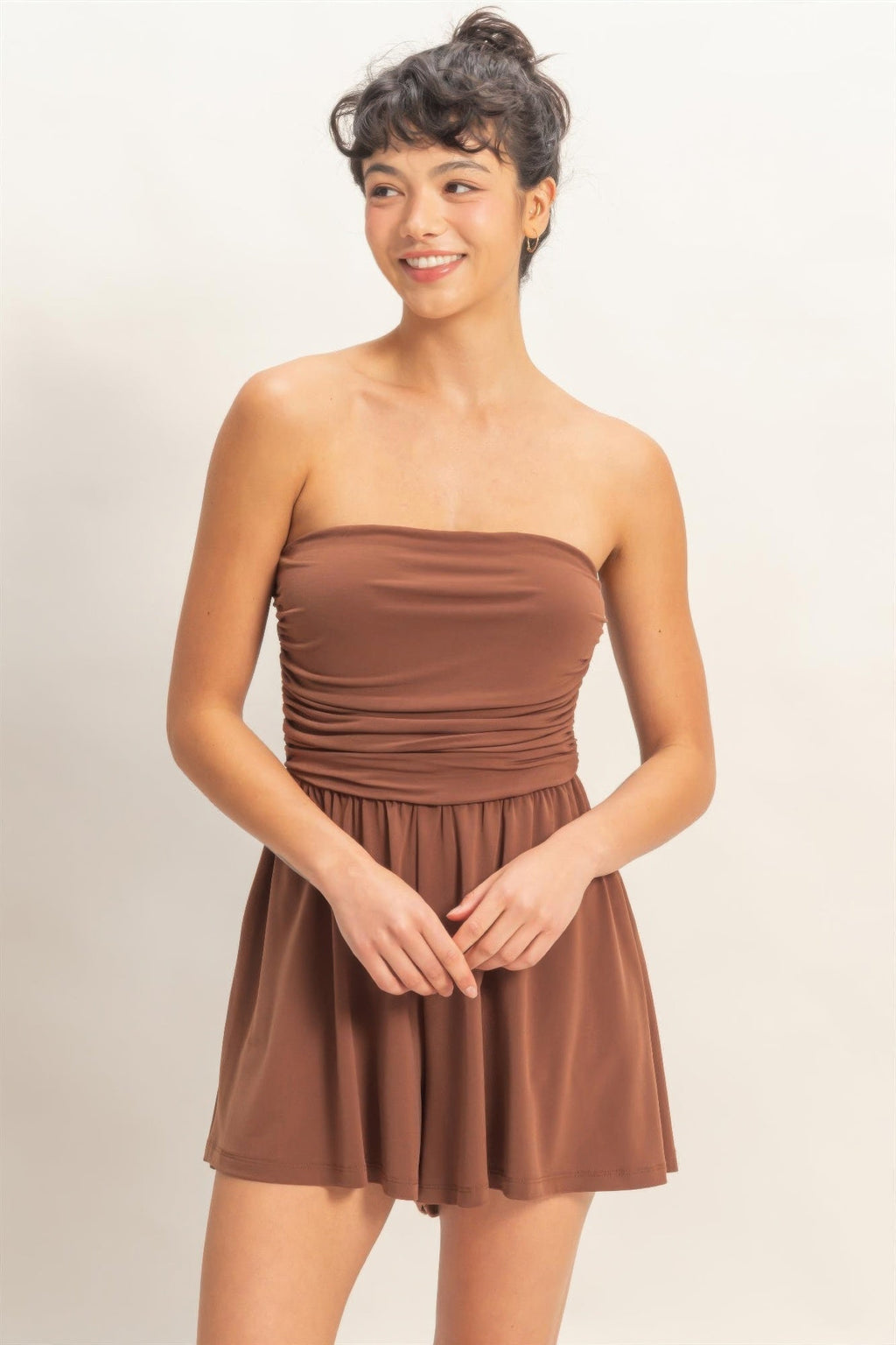 Strapless Shirred Waist Romper