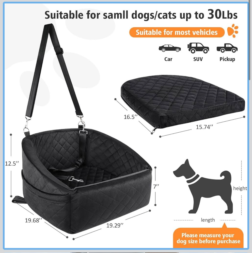 Dog Car Seat Booster Travel Bed Black Quilted Washable with Storage Pockets