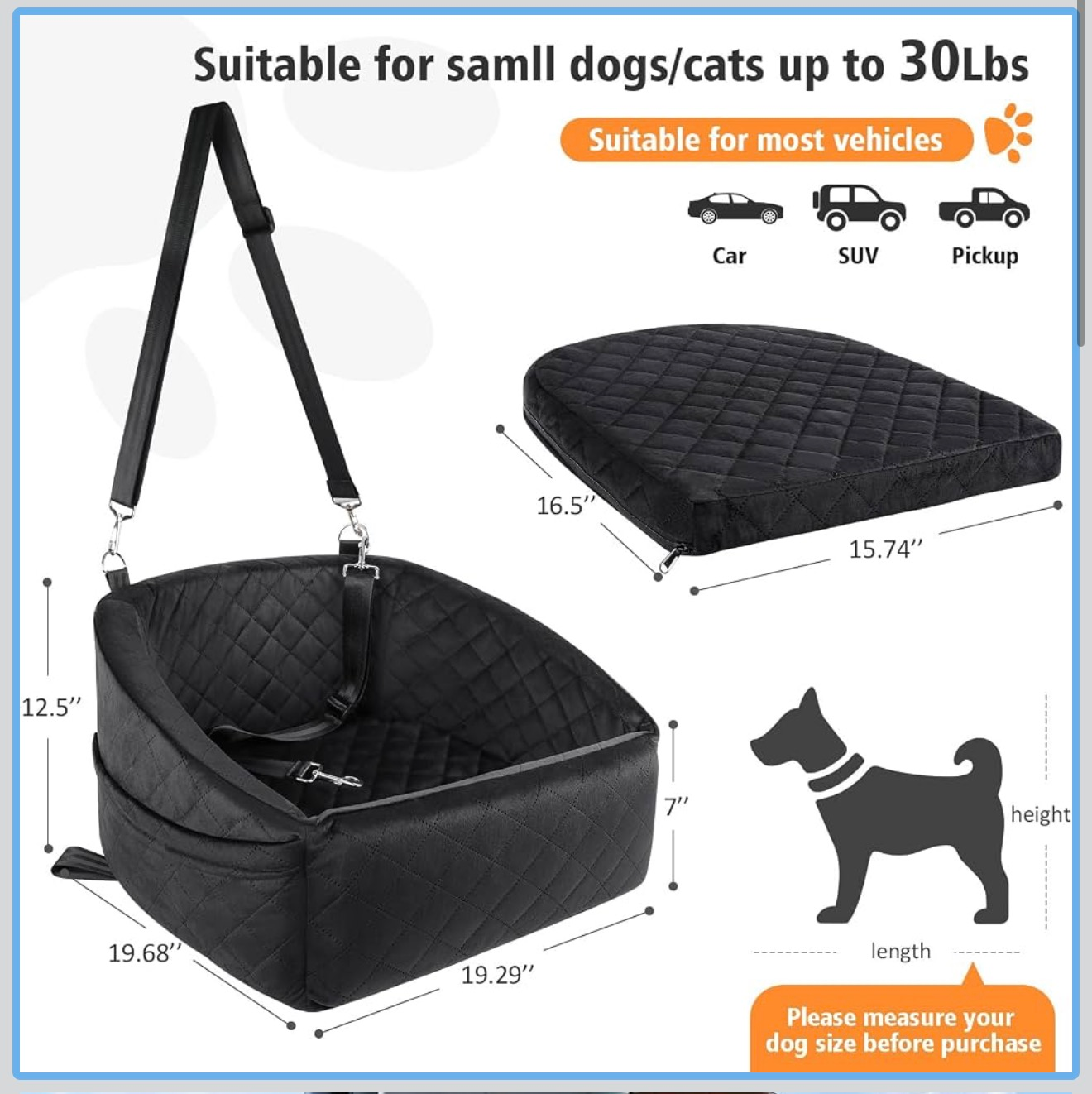 Dog Car Seat Booster Travel Bed Black Quilted Washable with Storage Pockets