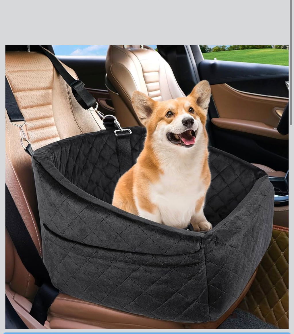 Dog Car Seat Booster Travel Bed Black Quilted Washable with Storage Pockets