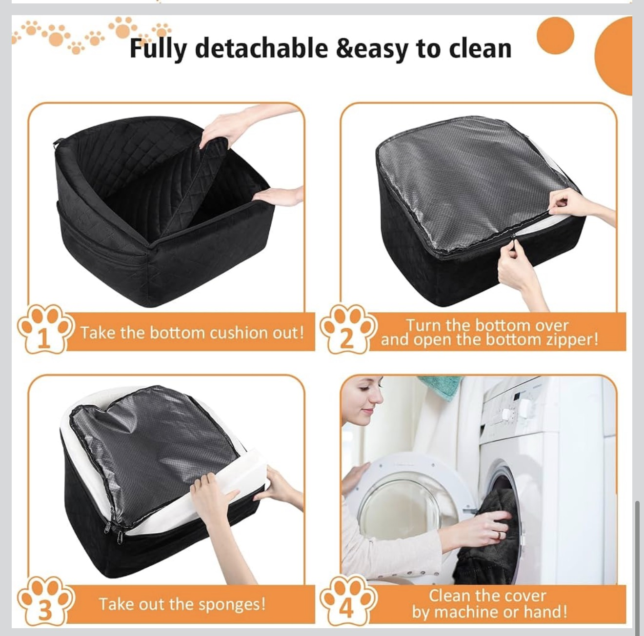 Dog Car Seat Booster Travel Bed Black Quilted Washable with Storage Pockets