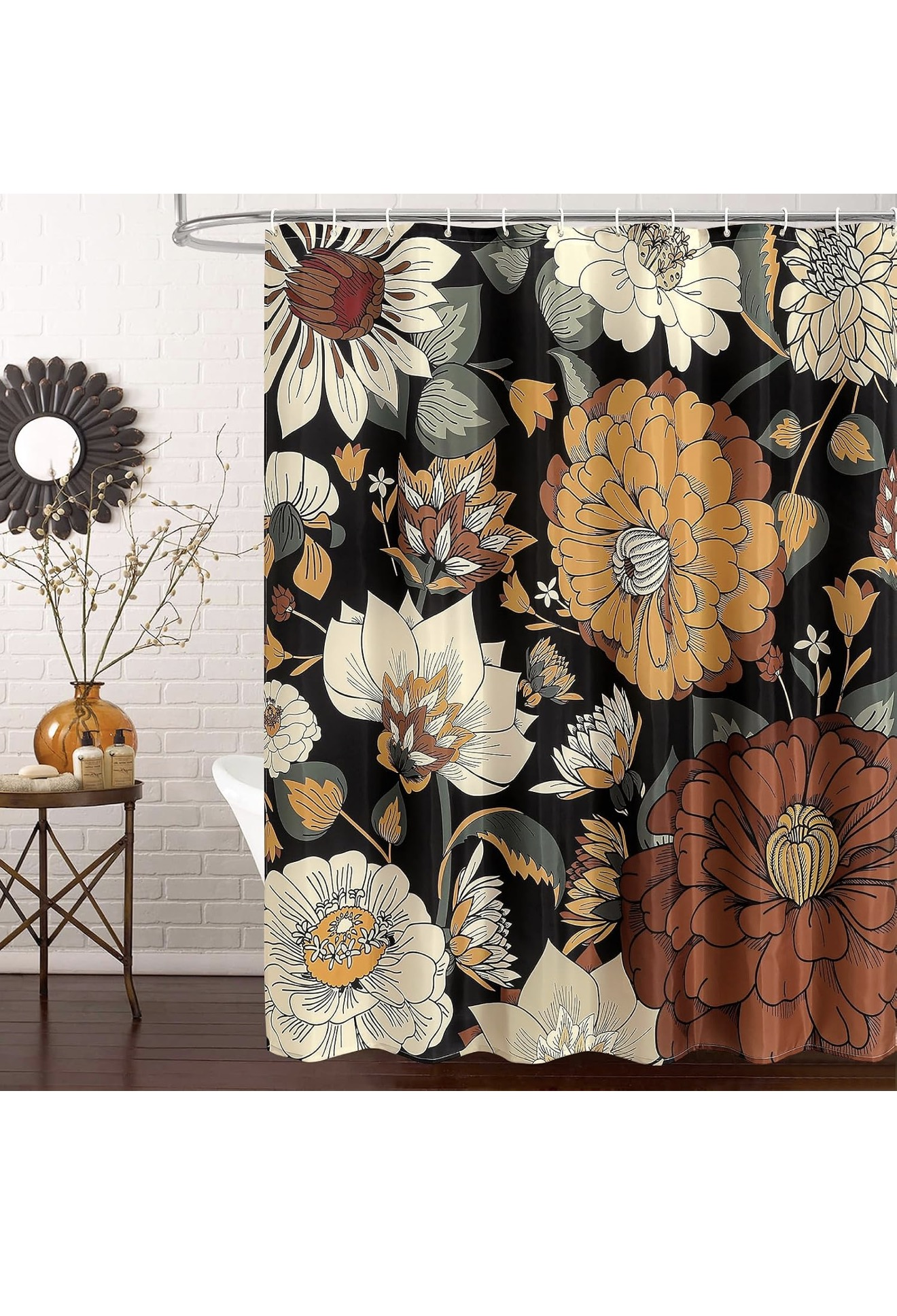 Fabric Shower Curtain 72x72 Boho Floral Black Cream Rust Botanical