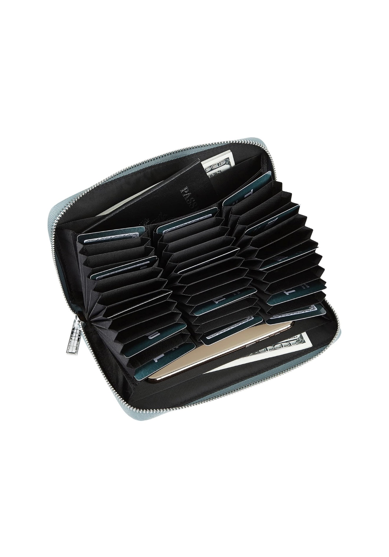 Womens Accordion Wallet 36 Card Slots RFID Blocking Zip Around Sky Blue