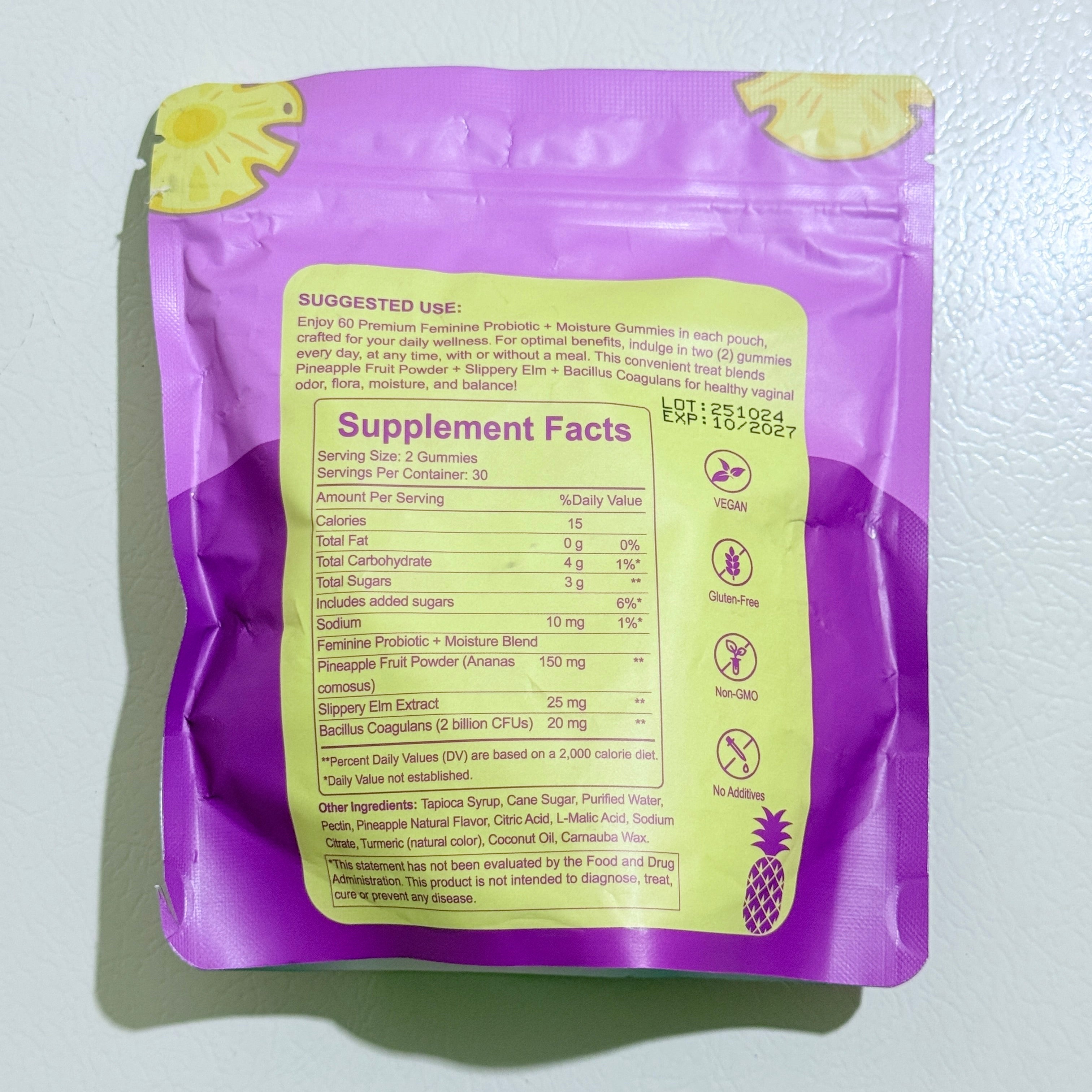 Feminine Probiotic + Moisture Gummies Slippery Elm Pineapple 60 Gummies 30 Servings EXP 10/2027