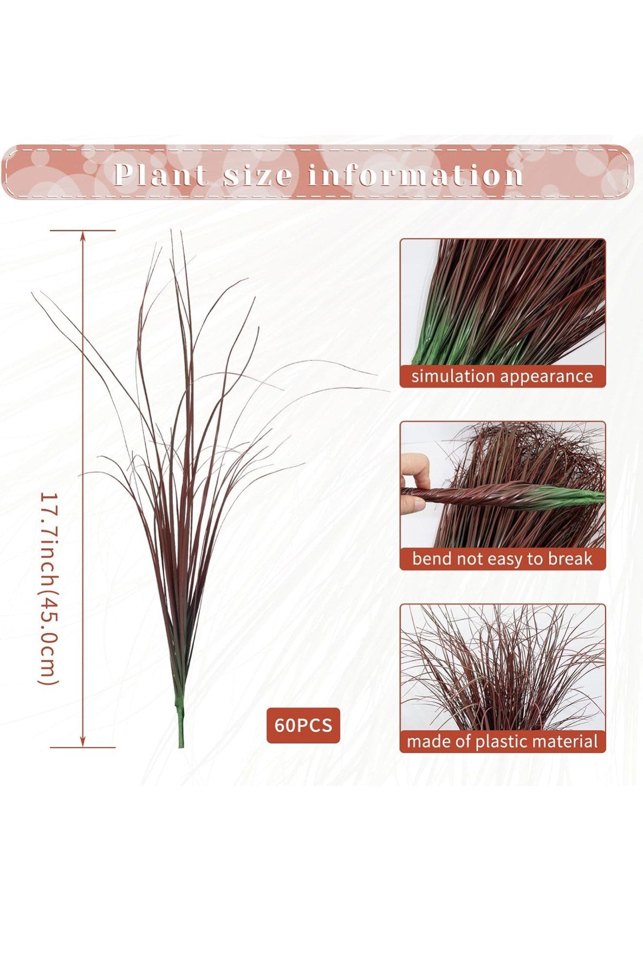 Artificial Grass Plants 60 Bundles Faux Onion Grass Stems Burgundy 17.7 Inch