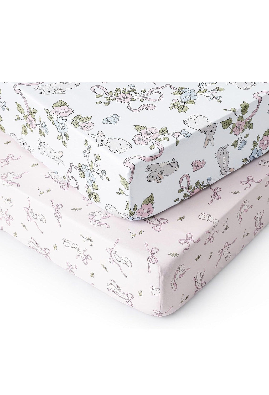 Baby Crib Sheets 2 Pack Fitted Standard Crib Rabbit and Floral Pink Cream