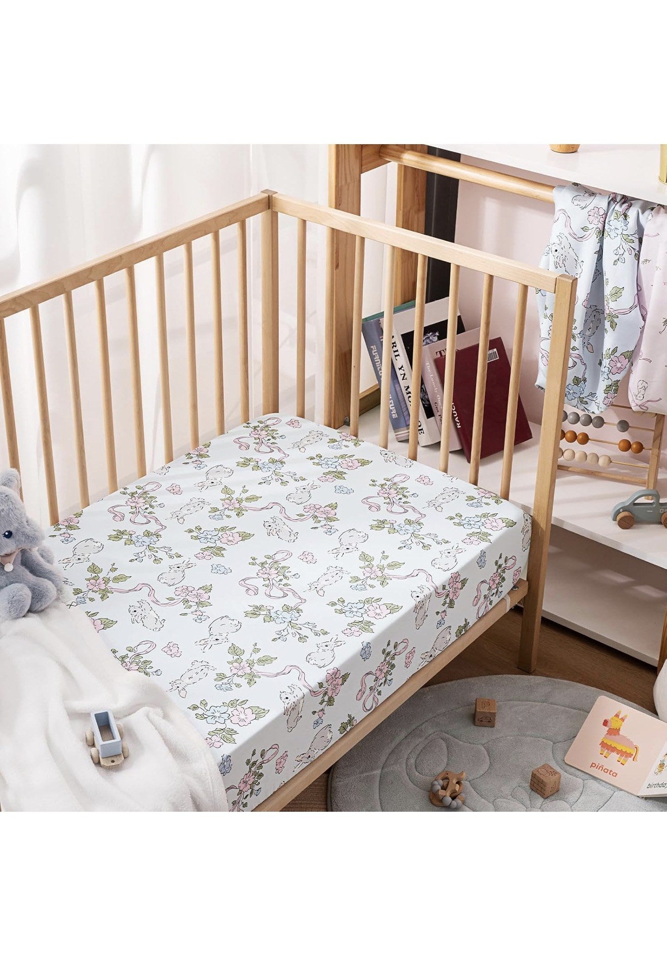 Baby Crib Sheets 2 Pack Fitted Standard Crib Rabbit and Floral Pink Cream