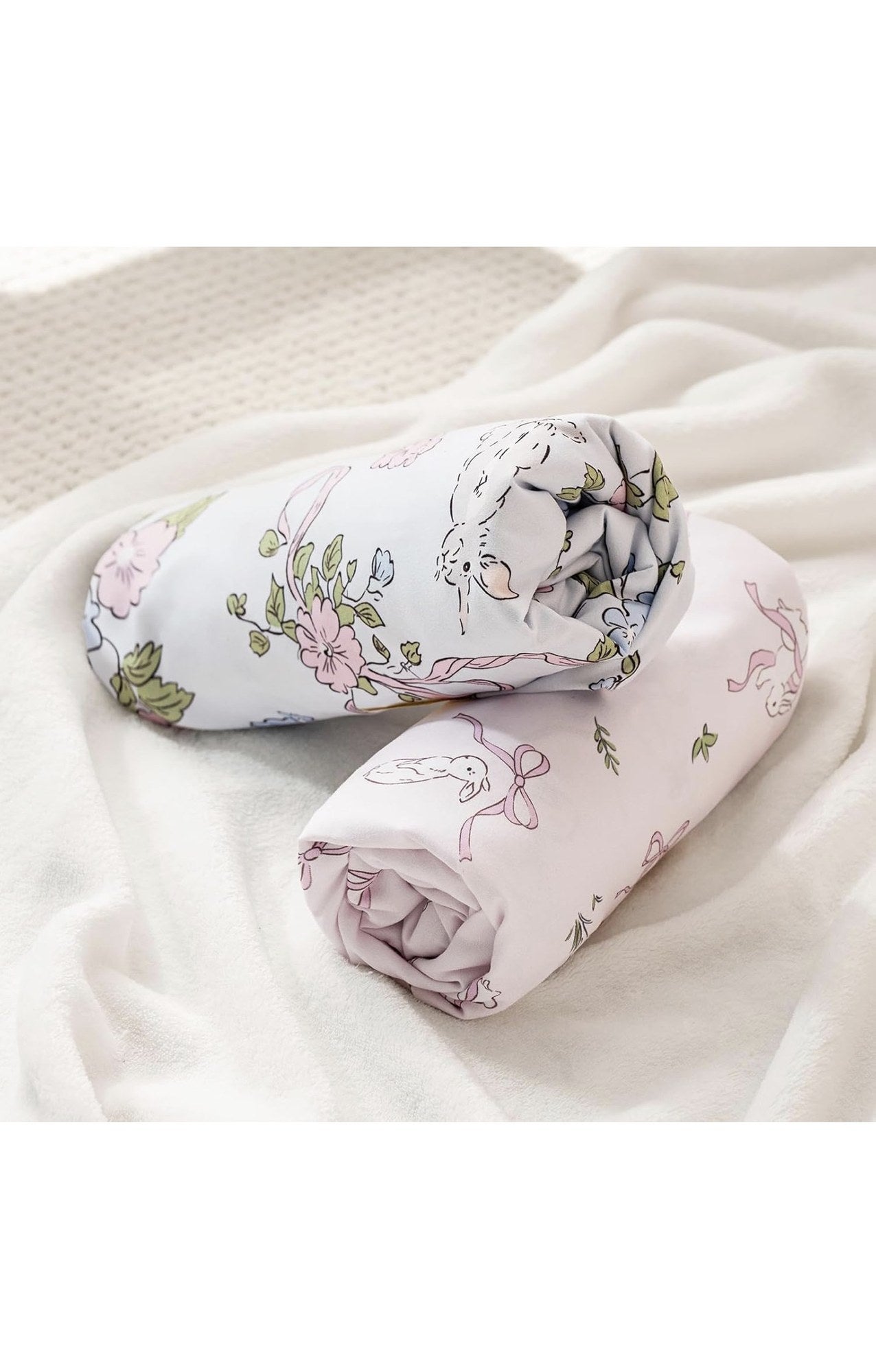 Baby Crib Sheets 2 Pack Fitted Standard Crib Rabbit and Floral Pink Cream