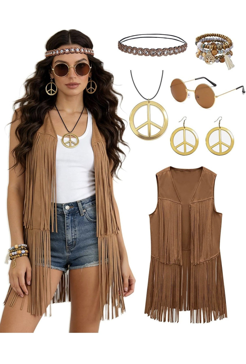 60s 70s Hippie Costume 6 Piece Set Fringe Vest and Accessories Brown Large