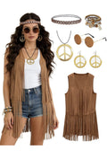 60s 70s Hippie Costume 6 Piece Set Fringe Vest and Accessories Brown Large