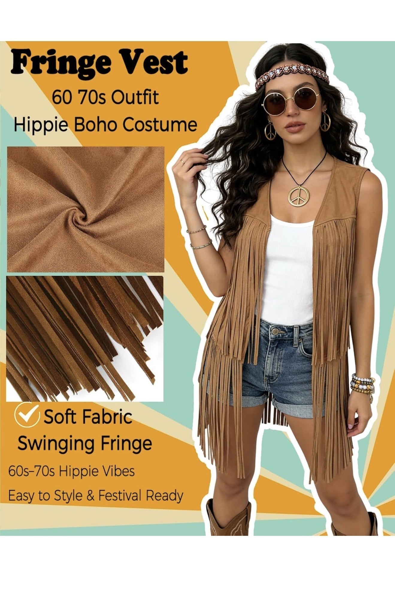 60s 70s Hippie Costume 6 Piece Set Fringe Vest and Accessories Brown Large