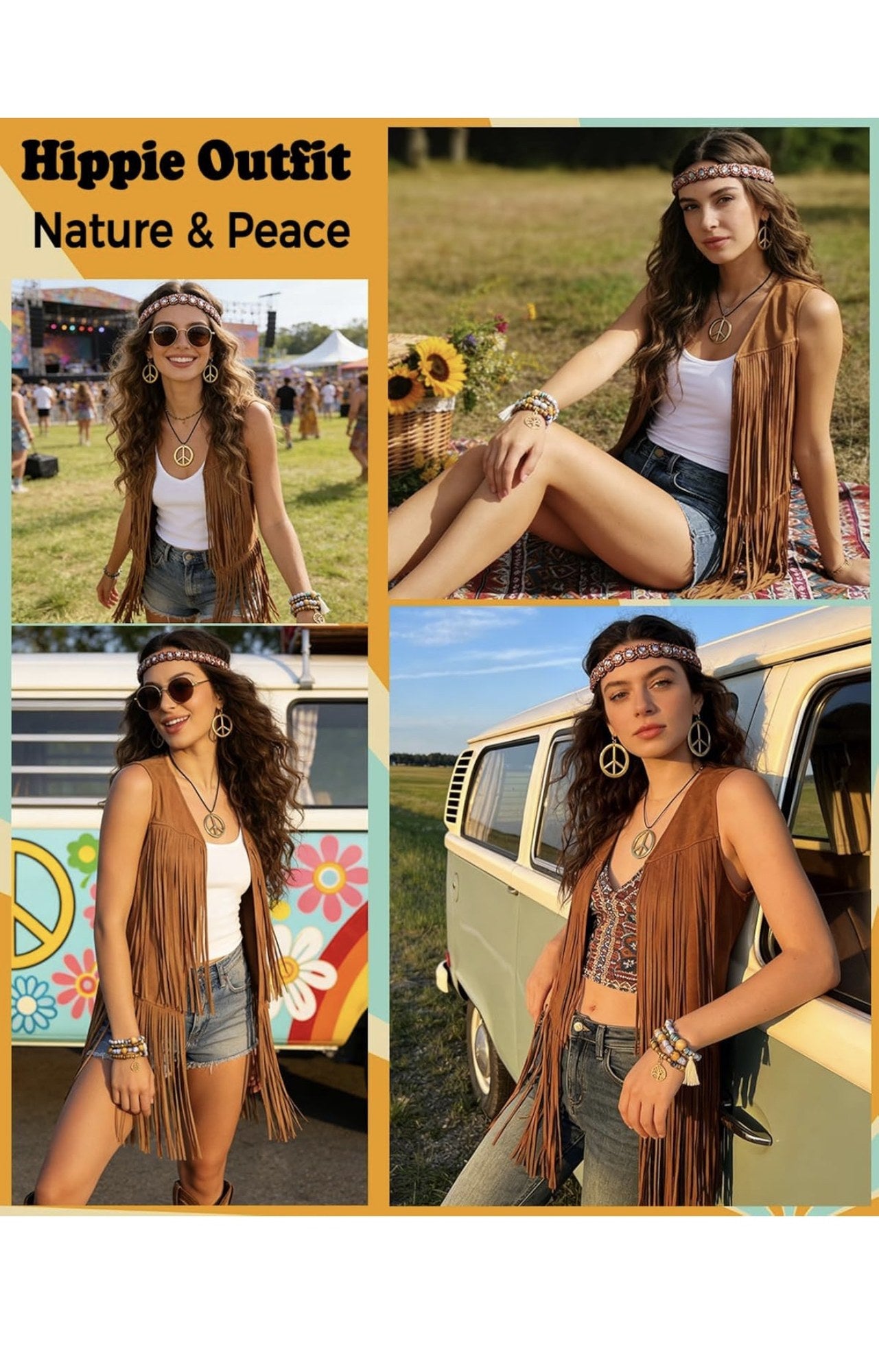 60s 70s Hippie Costume 6 Piece Set Fringe Vest and Accessories Brown Large