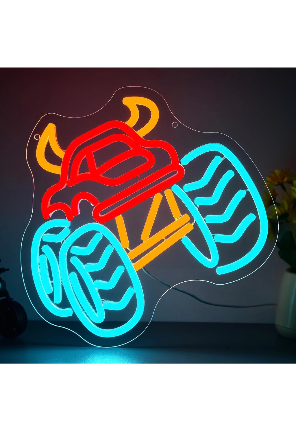 Monster Truck Neon LED Wall Light USB Red Blue 11.2in Kids Room Sign