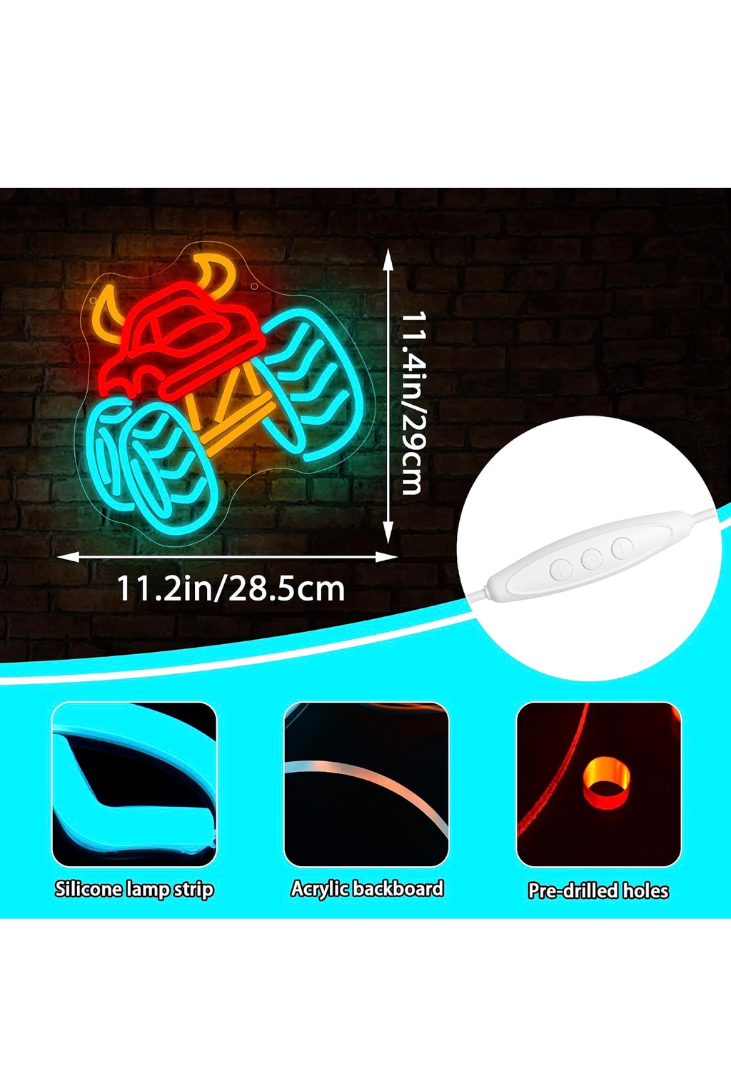 Monster Truck Neon LED Wall Light USB Red Blue 11.2in Kids Room Sign