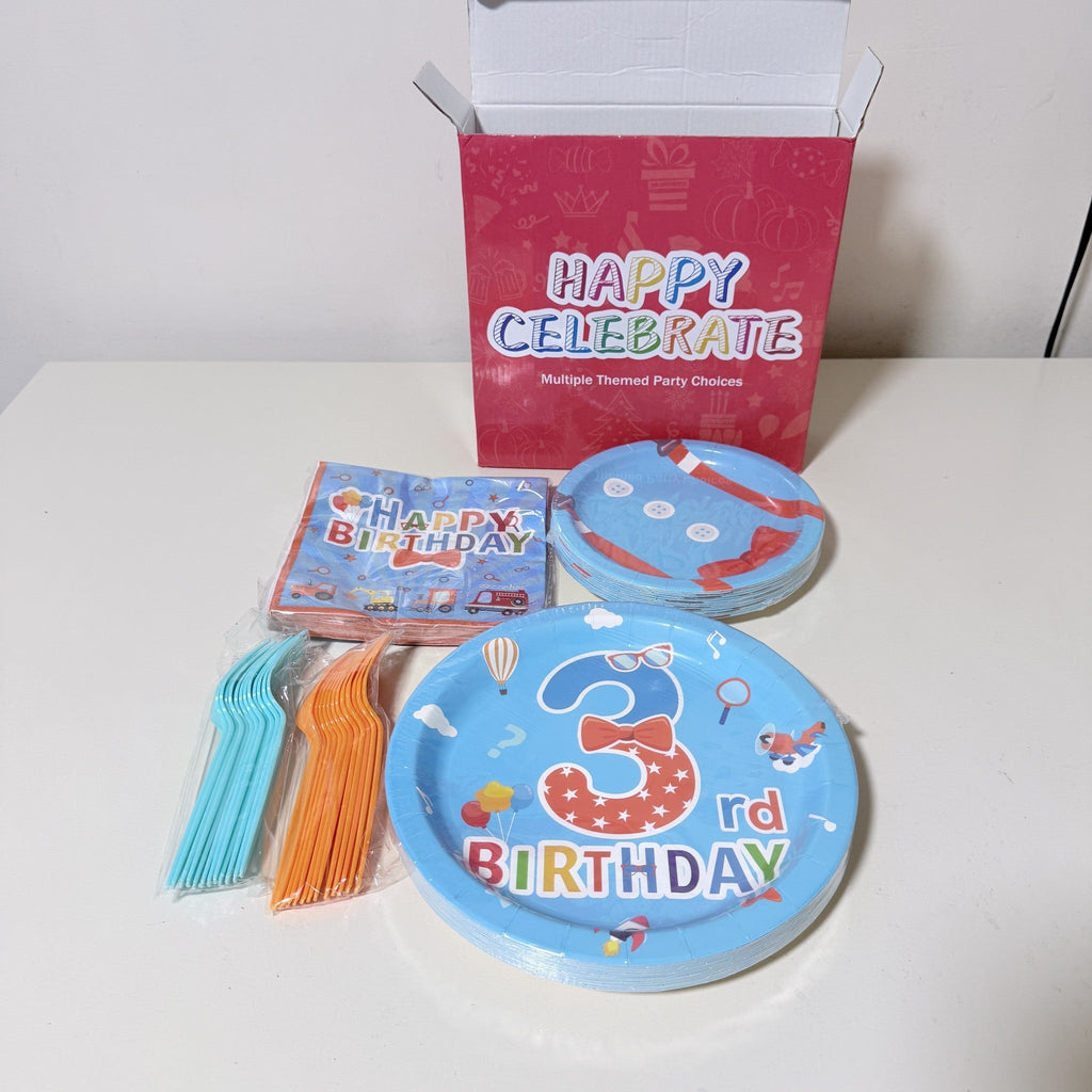 3rd Birthday Party Set 96pc Blue Orange Plates Napkins Forks 24 Guests