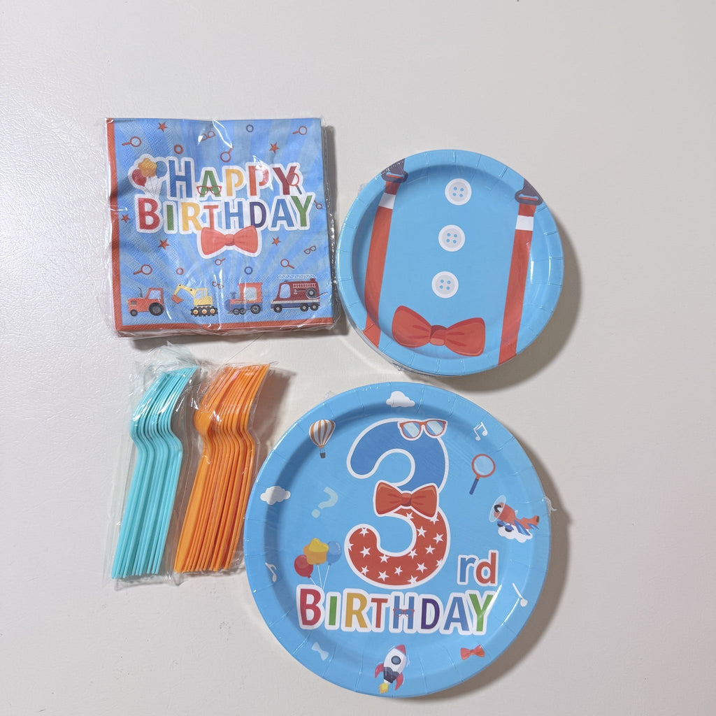 3rd Birthday Party Set 96pc Blue Orange Plates Napkins Forks 24 Guests