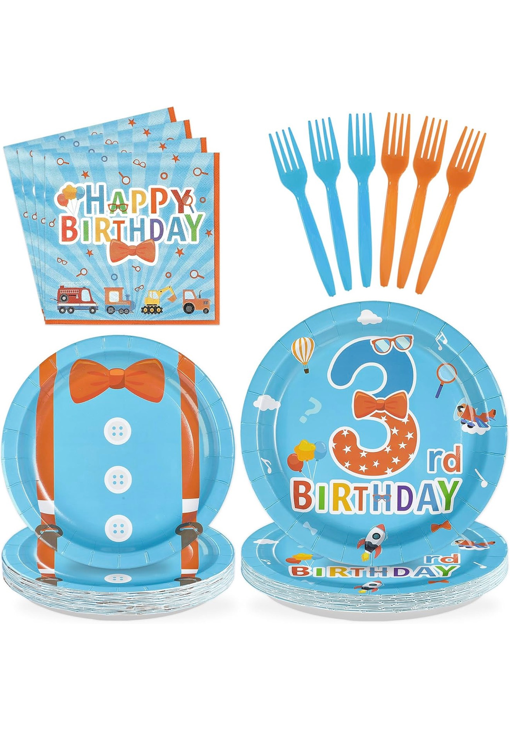 3rd Birthday Party Set 96pc Blue Orange Plates Napkins Forks 24 Guests