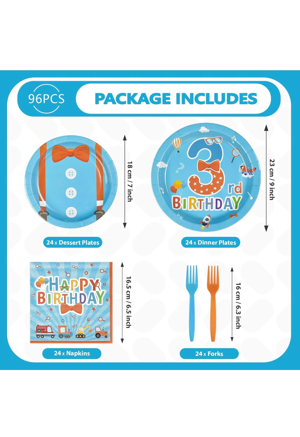 3rd Birthday Party Set 96pc Blue Orange Plates Napkins Forks 24 Guests