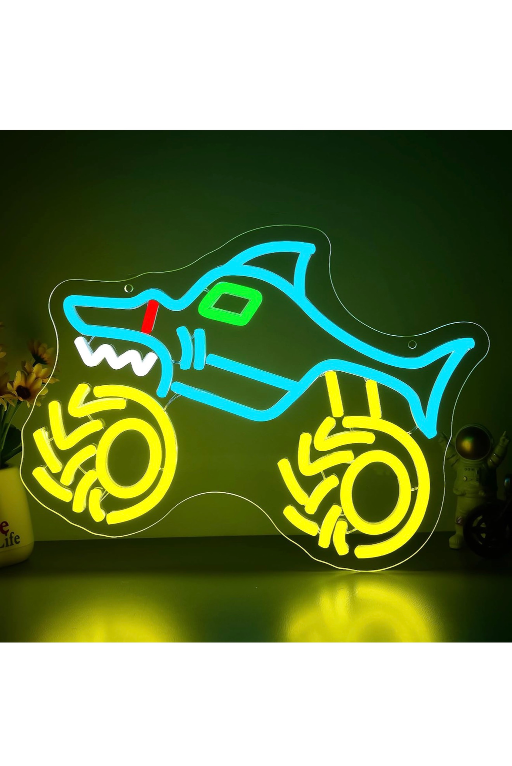 Shark Monster Truck Neon LED Wall Light USB Blue Yellow 13.7in Sign